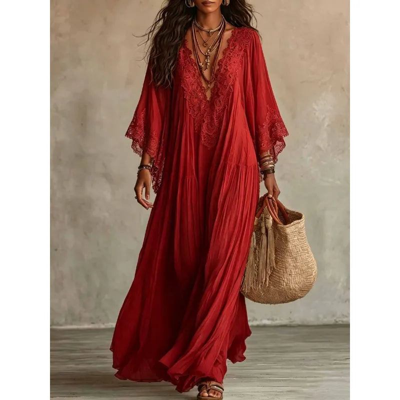 Lace Trim V-Neck Maxi Dress — image 1